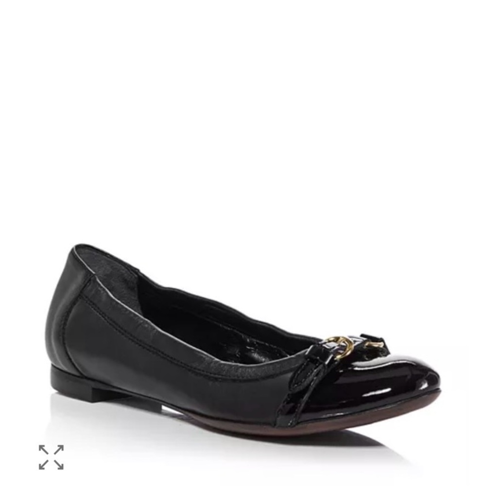 AGL Monika Black Patent Leather Women's Ballet Flats with Gold buckles.